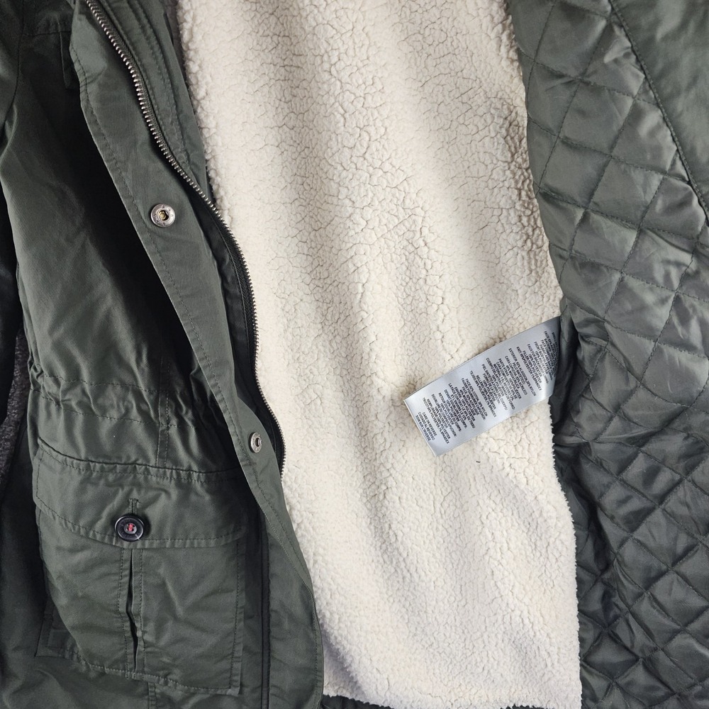 Levis Army Green Faux Fur Hooded Sherpa Lined Nylon Jacket Sz Small Utility - Picture 7 of 13